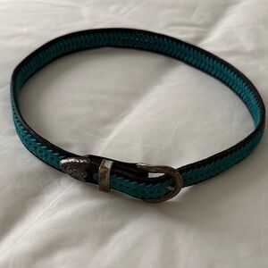 Teal and Black Woven Belt with Silver Buckle